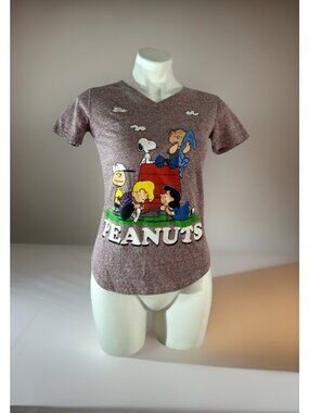 Womens Peanuts Short Sleeve Shirt Top Size Small Vneck Mauve Brown Charlie Brown